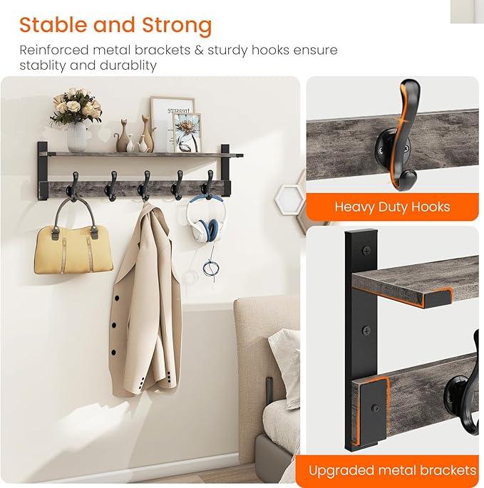 Homode Coat Rack Wall Mount with Shelf, 29 Inch Wood Wall Shelf with Hooks, Entryway Coat Hanger Wall Mount with 5 Hangers for Bathroom, Bedroom, Living Room, Grey