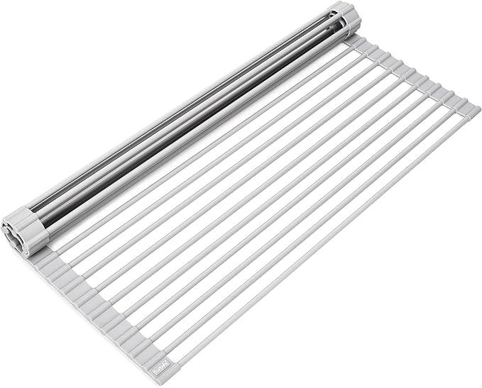 Surpahs Over Sink Foldable Multipurpose Roll-Up Dish Drying Rack, Silicone Wrapped Stainless Steel, Warm Gray, 20.5