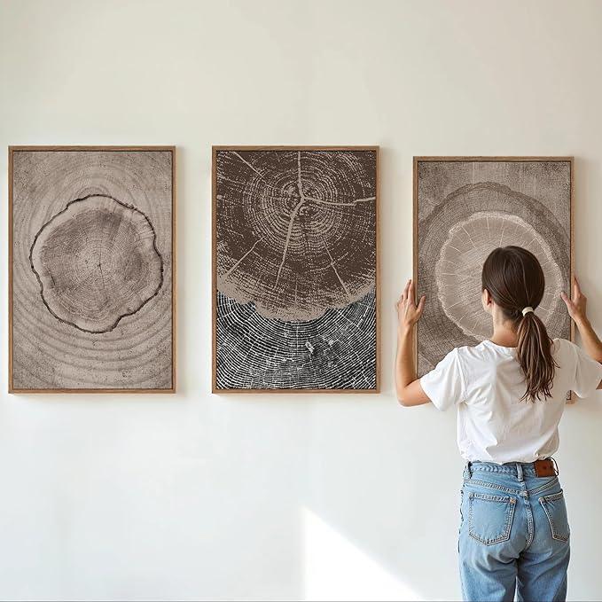 SIGNINART Beige Tree Ring Framed Canvas Wall Art Set, Abstract Black and White Rustic Wood Wall Decor, Neutral Wood Stump Artwork, Modern Art Prints for Bedroom Living Room Office 16