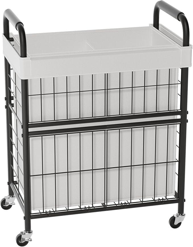 Laundry Hamper 2 Section, 110L Rolling Laundry Sorter Basket with Wheels, 2 Compartment Clothes Organizer Cart, Pull-Out Removable Bags for Laundry Room, Bathroom, Bedroom, White