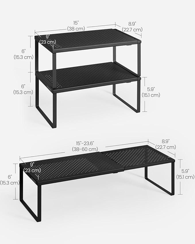 SONGMICS Spice Racks, Set of 2 Expandable Kitchen Countertop Shelves, Small Cupboard Organizers, Metal, Space-Saving Tabletop Shelves, Matte Black UKCS402B01