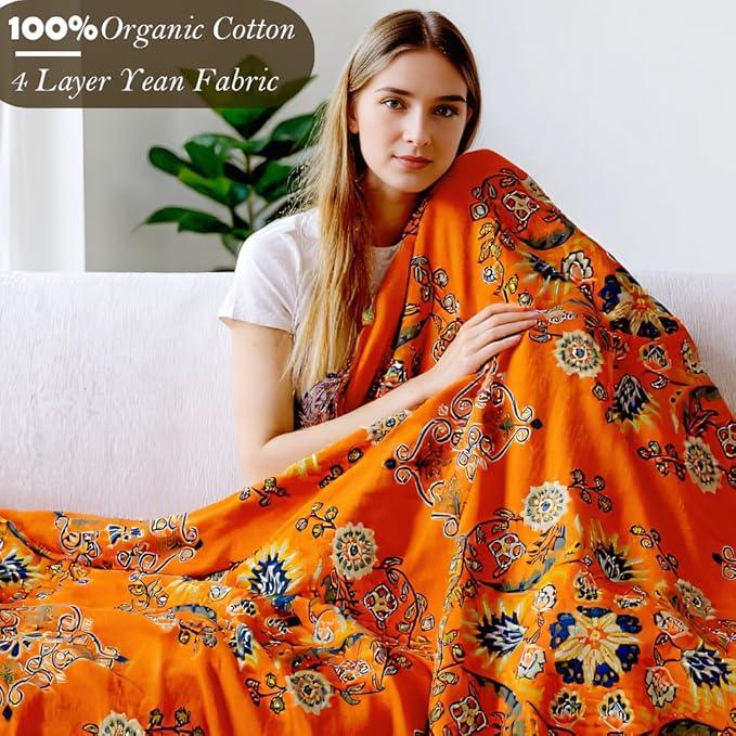 Boho Large Throw Blanket, 100% Organic Cotton Breathable Soft Bed Throw - Floral Farmhouse Decor Blanket for Sofa Couch Chair and Gift. 91