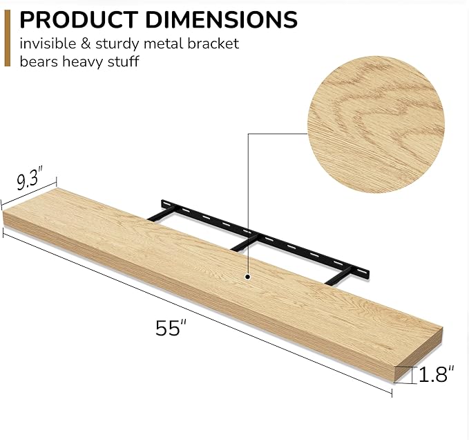 Fun Memories 55 Inch Floating Shelves - 9 Inch Deep Rustic Wooden Wall Shelves - Extra Deeper & Thicker Wall Mounted Storage Shelf for Living Room, Kitchen, Farmhouse - 55