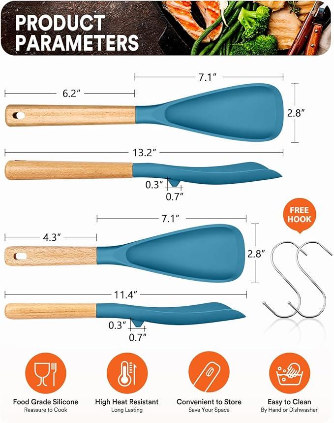 Multifunction Spatula Spoon for Nonstick Cookwares, Great for Cooking and Serving, Sturdy BPA-Free Matte Silicone, Wood Handle Spatula for Mixing, Scoop, and Scrape, Turquoise(2 pack,11.4