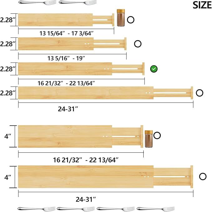 BAMEOS Drawer Dividers kitchen Organization Bamboo Utensil Organizers for Kitchen Bedroom Bathroom Dresser Office 4-pack