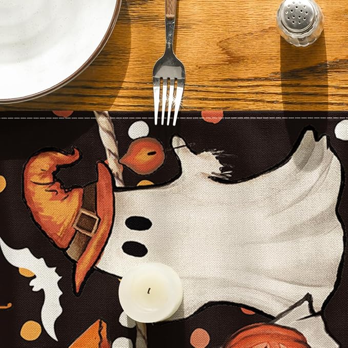 Artoid Mode Ghost Jack-O'-Lantern Black Cat Halloween Table Runner,Holiday Kitchen Dining Table Decoration for Home Party Decor 13 x 60 Inch