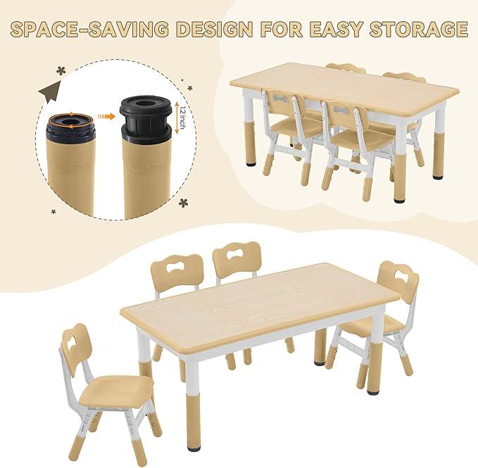 Kids Study Table and Chairs Set, Height Adjustable Toddler Table and Chair Set for Kids Ages 3-8, Graffiti Desktop (Wooden Brown)