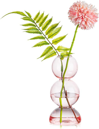 Glasseam Cute Pink Flower Vase, Unique Handmade Glass Vase for Flowers, Aesthetic Small Bud Vase Decor, Modern Ball Round Decorative Propagation Vases for Living Room Dining Table Decorations