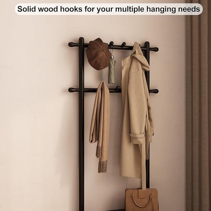 Coat Rack with Shoe Storage, Narrow Wooden Hall Tree with Bench, 11 Hooks and 2-Tier Storage Shelves, 3-in-1, Entryway Bench with Coat Rack (23.6