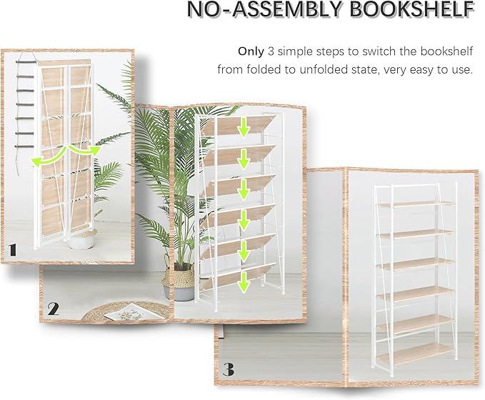 4NM No Assembly Foldable Bookshelf, 6-Shelf Collapsible Bookcase Storage for Small Spaces, 74