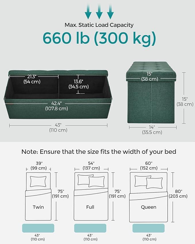 SONGMICS MAZIE Collection - 43 Inches Folding Storage Ottoman Bench, Ottoman Foot Rest, End of Bed Bench, Storage Chest, Load 660 lb, for Living Room, Bedroom, Entryway, Retro Green ULSF077C01