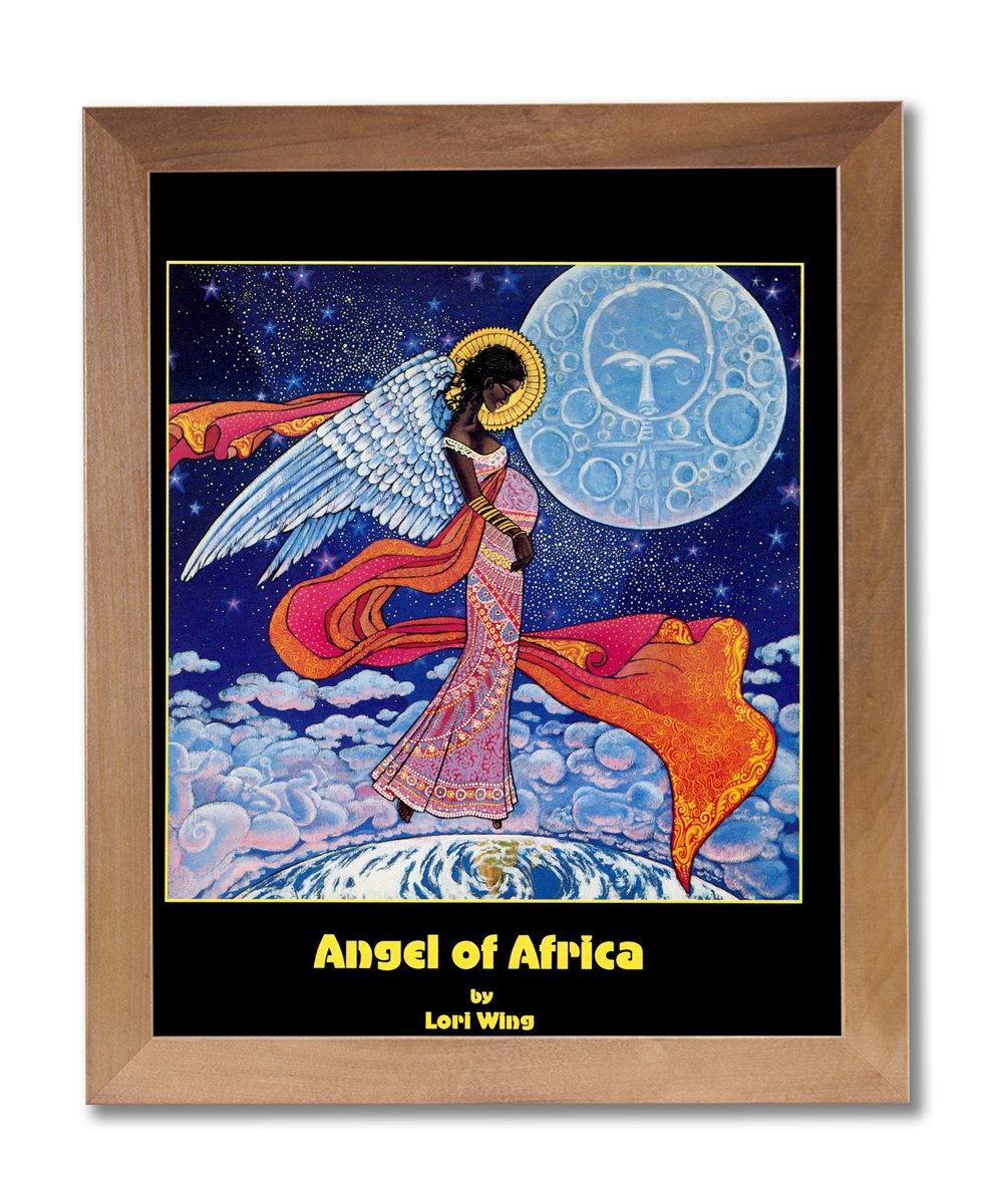 Black Angel Wall Art – African American Framed Wall Picture in Honey Wood Frame