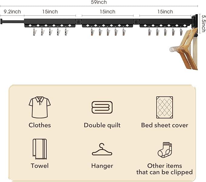 Wall Mounted Clothes Hanger, Aluminum Clothes Drying Rack, Space Saver, Retractable, Windproof Holes, with Clips