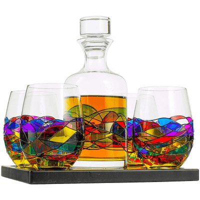 Artisanal Hand Painted Glassware Gift for Mom, Wife, Friend - Artisanal Barcelona Hand Painted Whiskey & Wine Decanter Set, Rennesance Romantic Stain-glassed Windows Glasses - Mothers Day