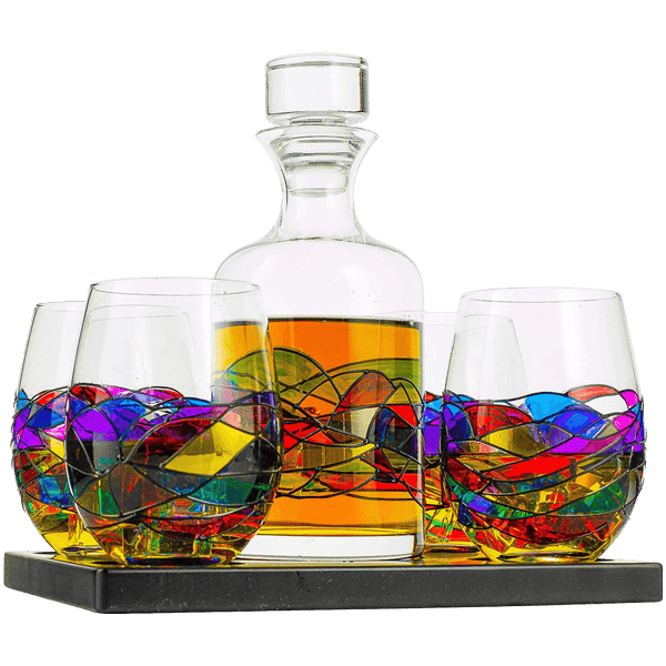 Artisanal Hand Painted Glassware Gift for Mom, Wife, Friend - Artisanal Barcelona Hand Painted Whiskey & Wine Decanter Set, Rennesance Romantic Stain-glassed Windows Glasses - Mothers Day