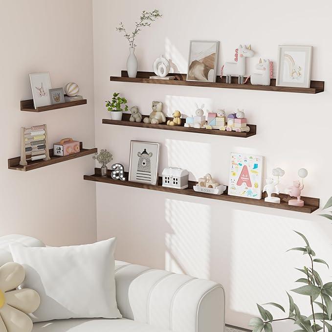 Heimlove Picture Ledge Shelf, Floating Shelves Set of 2, 56 Inches Picture Shelf for Wall with Ledge, Kids Bookshelf Wall Mounted for Living Room Bedroom Decor Books Photo Frames, Walnut