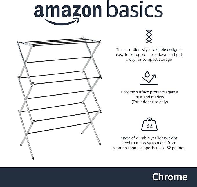 Amazon Basics Foldable Portable Laundry Drying Rack for Indoor Air Drying Clothing, 14.5 x 29.5 x 41.8 inches (LxWxH), Chrome Silver