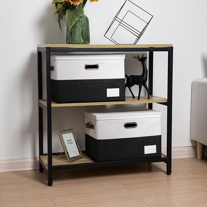 PRANDOM Foldable Storage Bins with Lids [3-Pack] Fabric Collapsible Storage Boxes Baskets Cubes Containers with Handles for Closet Living Room Bedroom (Black & White 17.7x11.8x11.8'')