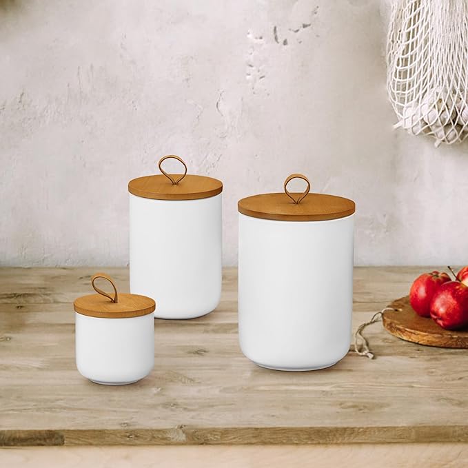 Ceramic Storage Jars, Modern Elegant Highly Polished Airtight Gorgeous Storage Canisters with Wooden Lid Small Food Stroage Jar for Kitchen Spice Tea Vanilla Sugar Coffee Beans (White medium)