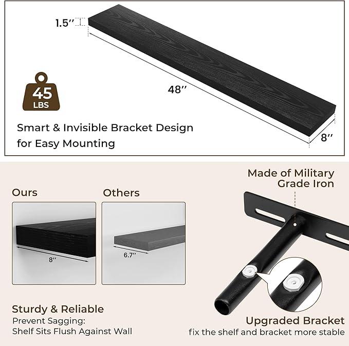 RICHFOCUS 48Inch Floating Shelves for Wall 2 Pack Shelves for Bedroom|Kitchen|Bathroom Wall Mounted Rustic Wood Floating Shelf with Invisible Brackets for Books|Storage|Decor, Black