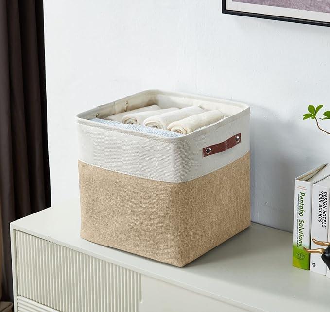 DECOMOMO Storage Cubes, 11x11 Cube Storage Bins, Baskets for Shelves (Beige & White, Cube 11