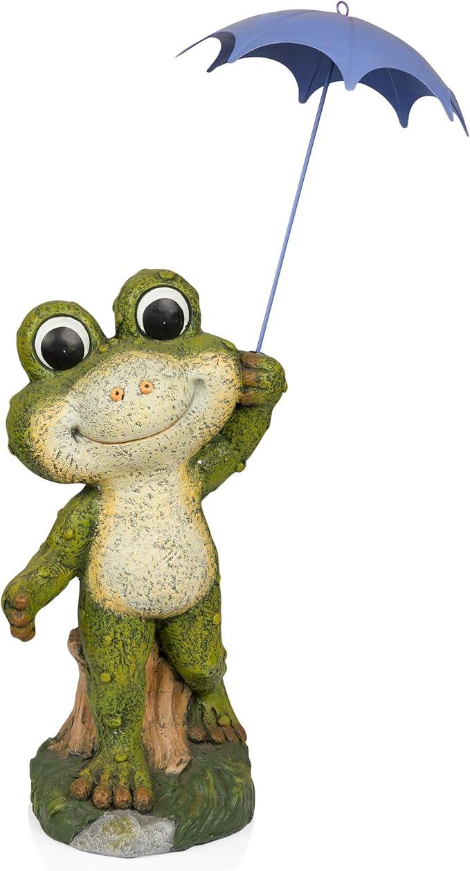 Alpine Corporation QWR1002 Indoor/Outdoor Smiling Frog with Purple Umbrella Garden Statue, Playful Frog Statue, 27