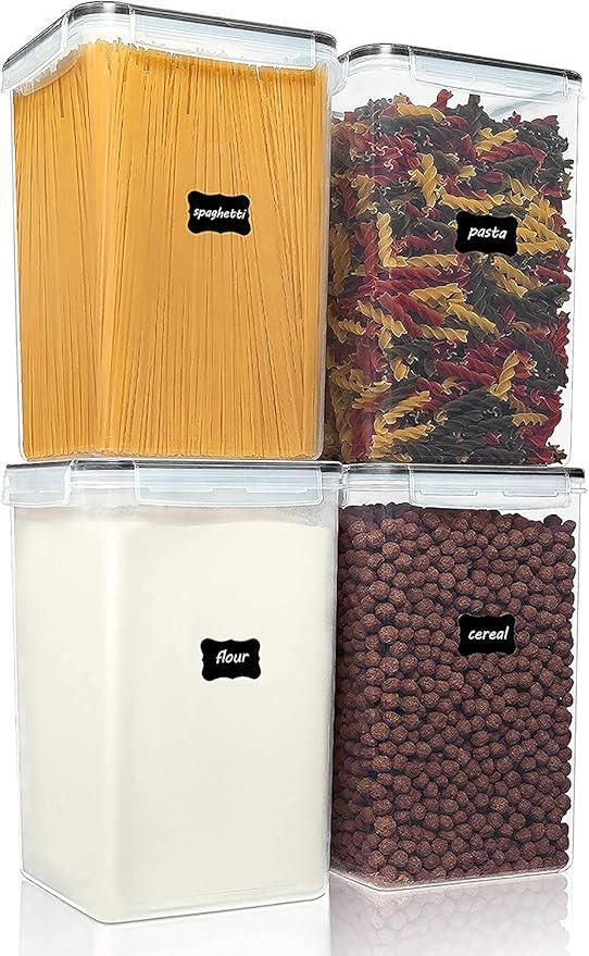 Vtopmart Extra Large Tall Airtight Food Storage Containers, 4 Pieces 5.9qt/6.5L Plastic PBA Free Kitchen Pantry Canister for Spaghetti, Flour and Baking Supplies, with 24 Labels, Black