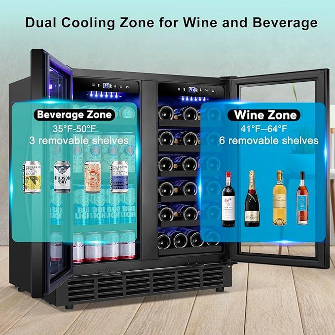 30 Inch Wine and Beverage Refrigerator, Upgrade Dual Zone Wine Cooler, 30'' Wine beverage Fridge Built in or Freestanding Under Counter Large Capacity Glass Door Advanced Cooling System,Black