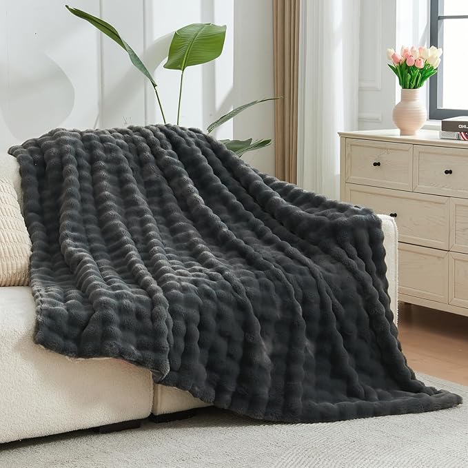 NEWCOSPLAY Faux Fur Twin Blanket Grey Bubble Blanket Thick Warm Soft for Couch Sofa Bed 550GSM (Grey, Twin(60