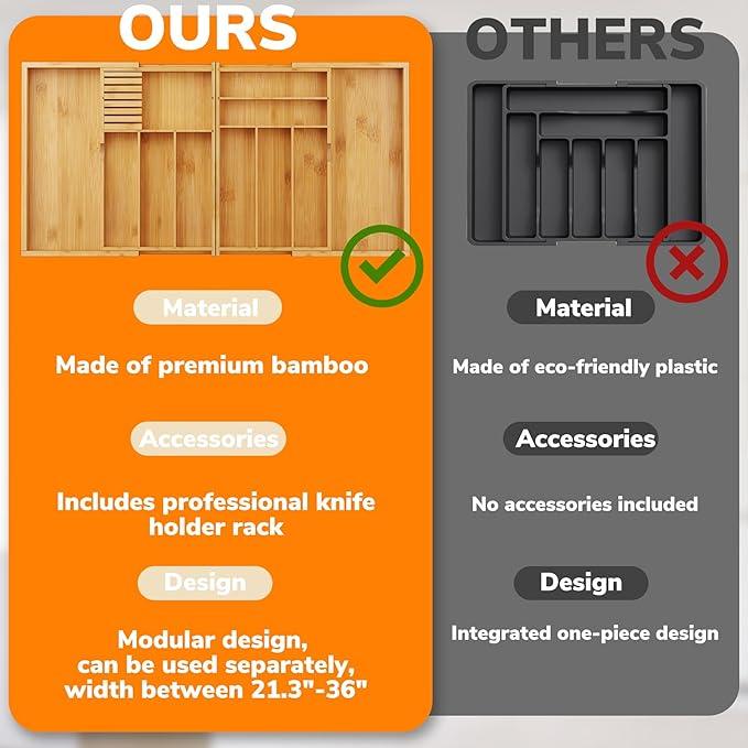 BAMEOS Expandable Silverware Drawer Organizer with Removable Knife Blocks, Bamboo Kitchen Utensil Holder from 21
