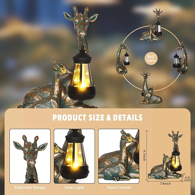 Solar Garden Decor - Mother Baby Giraffe Statue with Solar Lantern 9.7
