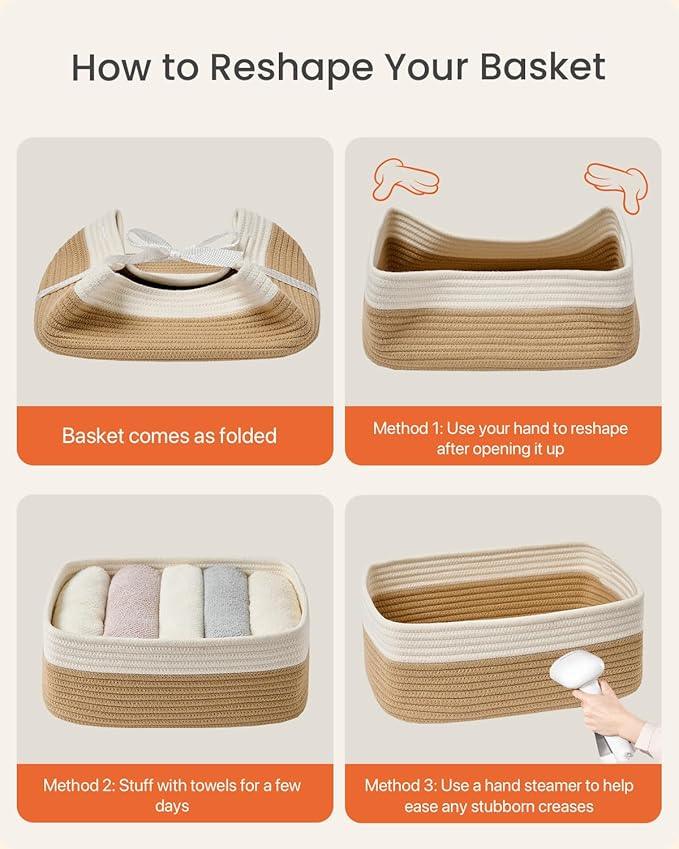 KALLAX Small Woven Basket, 13.5 x 9.5 x 5 Inches, Storage Basket for Organizing, Cute Small Rope Shelf Closet Cube Storage Bins Baskets for Shelves, Dog Toy Gift Baskets Empty, 3 Pack White & Brown