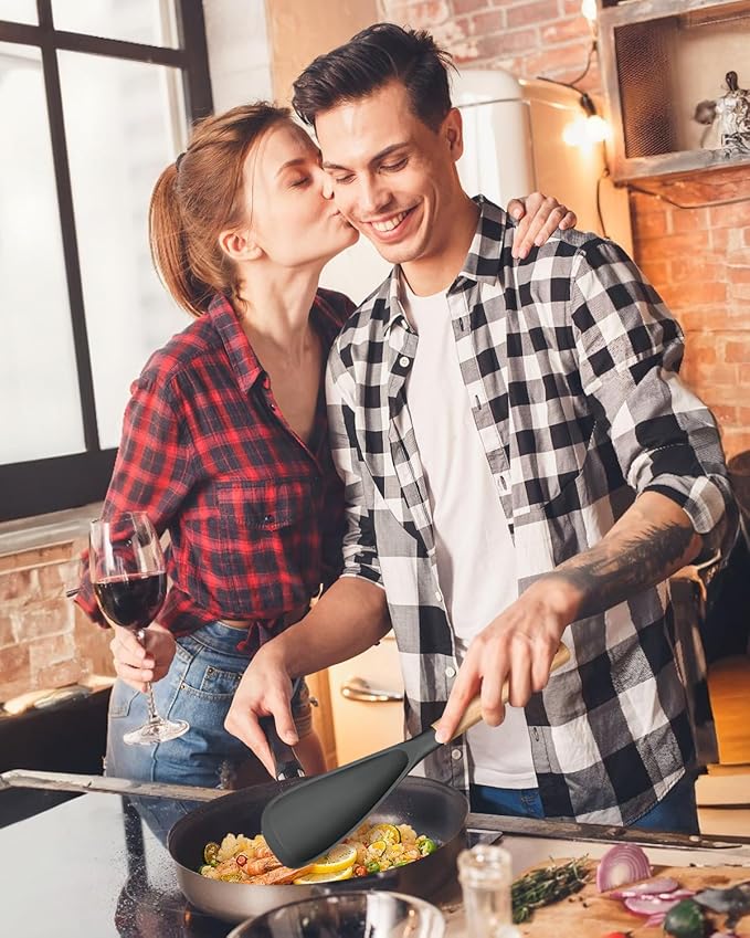 Multifunction Spatula Spoon for Nonstick Cookwares, Great for Cooking and Serving, Sturdy BPA-Free Matte Silicone, Wood Handle Spatula for Mixing, Scoop, and Scrape, Grey(2 pack,11.4