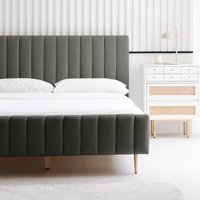 Livinia Full Size Elton Velvet Platform Bed, Upholstered Bed Frame with Vertical Channel Tufted Headboard Footboard, Strong Wood Slats, No Box Spring Needed, Gray (Full)