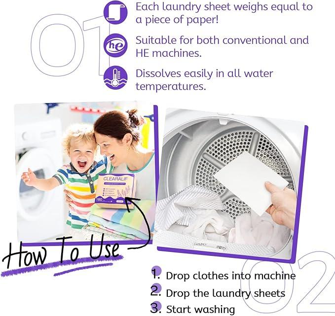 Laundry Detergent Sheets (160 Sheets), Lavender,Up to 320 Loads - Great For Travel,Apartments, Dorms,CLEARALIF Laundry Detergent Strips Eco Friendly & Hypoallergenic (80 Count, Pack of 2)