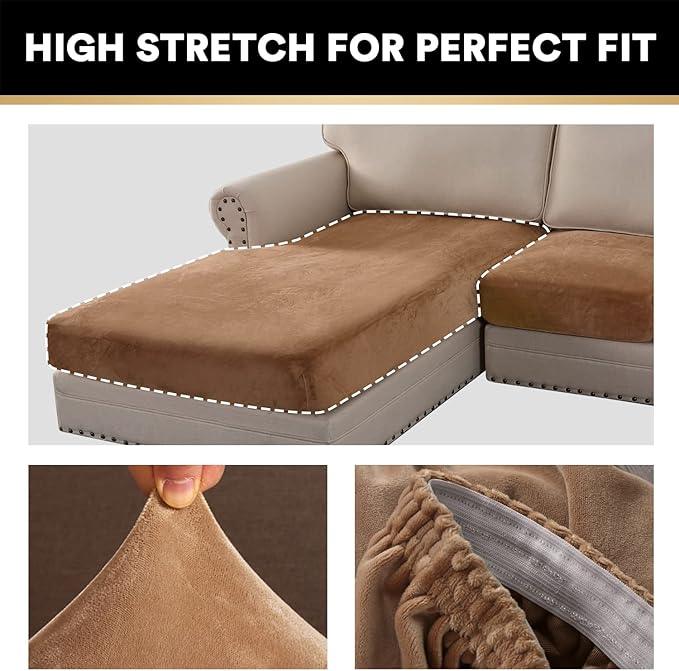 PrinceDeco Sectional Couch Covers 4 Pieces Couch Covers for Sofa Velvet Separate Couch Cover L Shape for Left/Right Chaise(3 Seater + 1 Chaise,Camel)