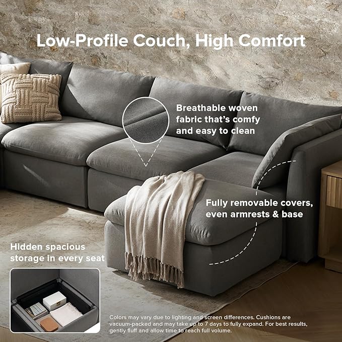 mopio Oversized Modular Sectional Sofa with Fully Removable Covers and Storage, Convertible U, L-Shaped and Sleeper Sectional, Modern Couches with Ottoman Chaise (Stone Gray Fabric, Loveseat)