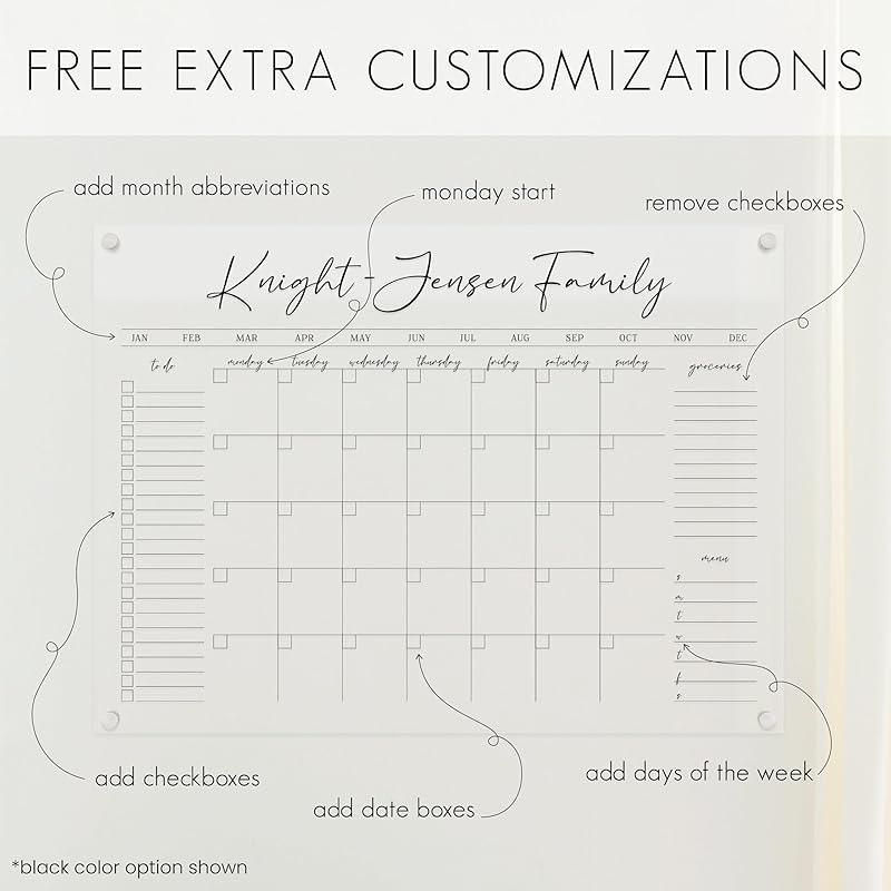 Personalized Clear Acrylic Calendar for Wall, Calendar Whiteboard for Wall, Dry Erase Wall Calendar, Wall Calendar Organizer System for Home (Cursive, White, 47.5