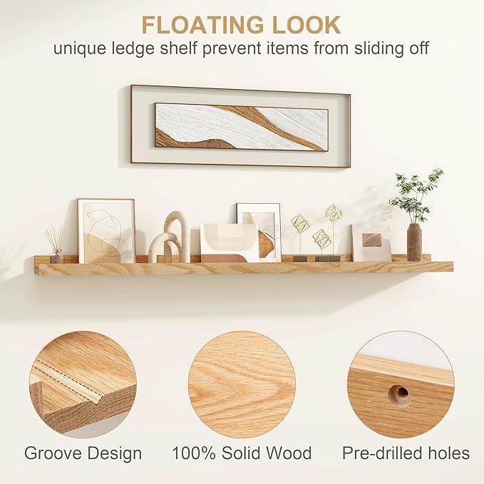 Floating Picture Ledge Shelves 48 Inch Solid Oak Wood Set of 2, Rustic Wall Storage Shelves with Lip, Kids Bookshelf, Photo & Picture Ledge Shelves for Bedroom, Living Room, Kitchen