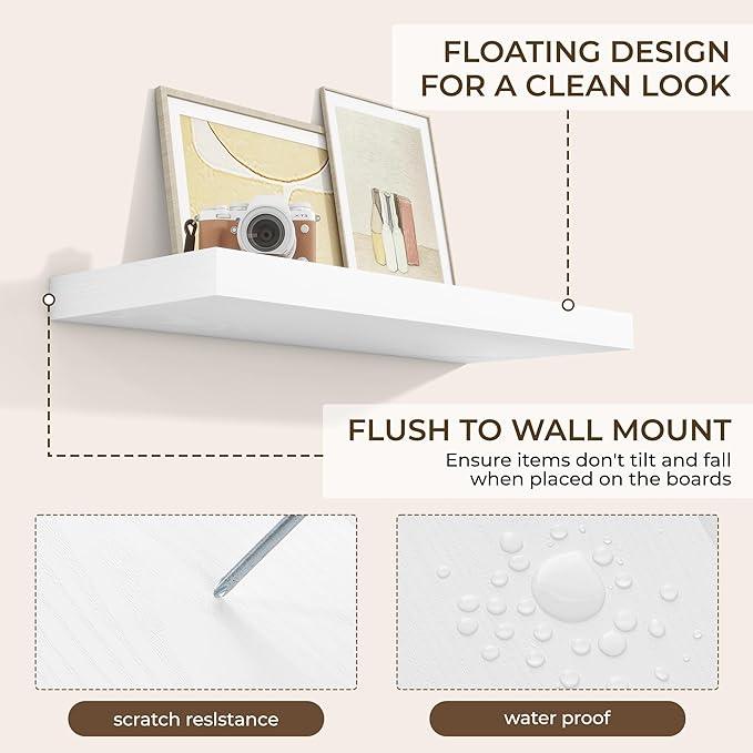 RICHFOCUS 36Inch Floating Shelves for Wall 2 Pack Shelves for Bedroom|Kitchen|Bathroom Wall Mounted Rustic Wood Floating Shelf with Invisible Brackets for Books|Storage|Decor, White