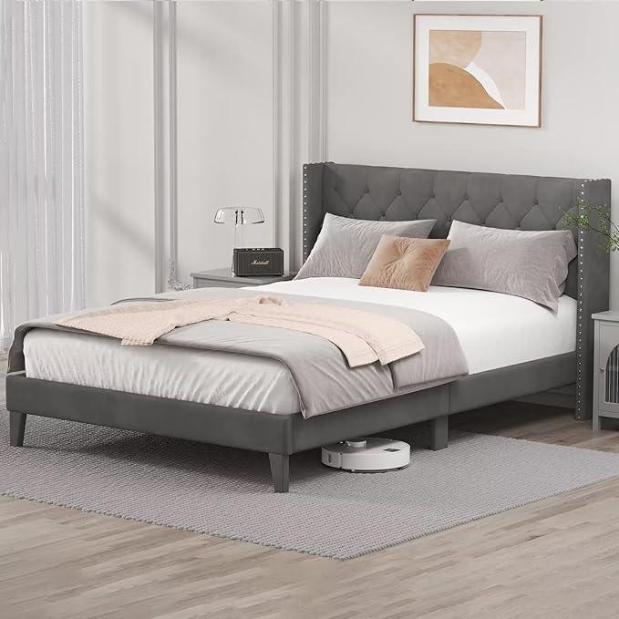 Full Size Bed Frame with LED Lights, Upholstered Bed Frame with Wingback Diamond Tufted Headboard, Wood Slats Support, Noise-Free, Easy Assembly, No Box Spring Needed, Grey