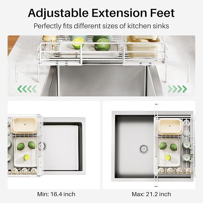 Dish Drying Rack - Extendable Dish Rack, Large Sink Drying Dish Drainer for Kitchen Counter, Stainless Steel Dish Strainer with Utensil Holder (White)