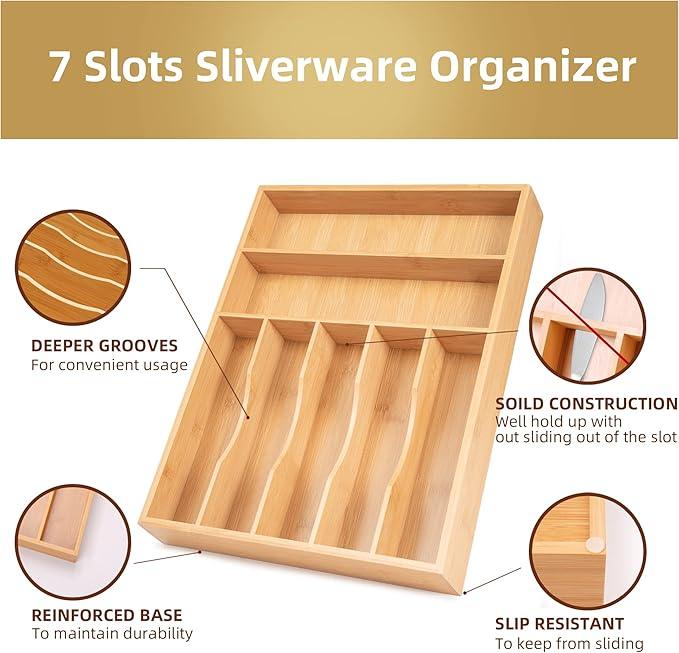 Silverware Organizer Kitchen Drawer Organizer Utensil Organizer Bamboo Silverware Holder Cutlery Organizer in Drawer Flatware Organizer Tray(7 slots, Natural