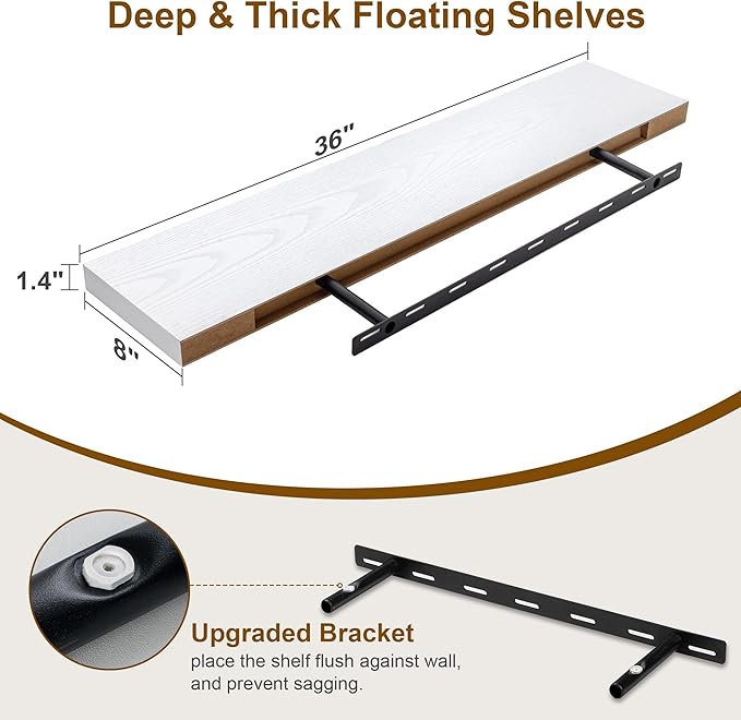 Fun Memories White Floating Shelves 36 Inch Long, 8 Inch Deep Floating Shelf for Wall, 36