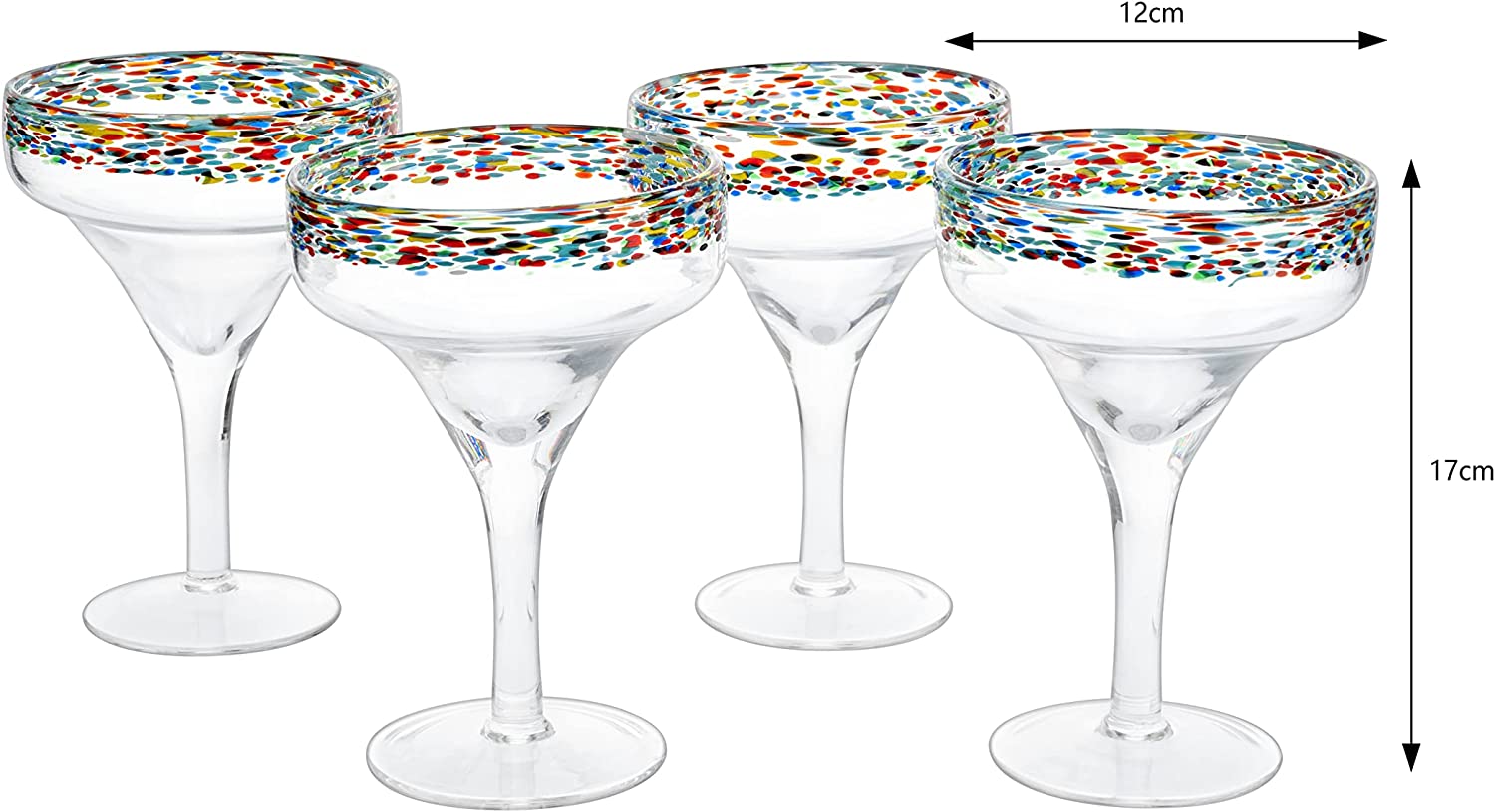 The Wine Savant Mexican Margarita Hand Blown Glass - Set of 4 - Large 16oz, Luxury Margarita Glasses, Mexico Design Large 16oz Confetti Rim Carmen Cinco de Mayo, Dishwasher Safe, Confetti Rock Decor