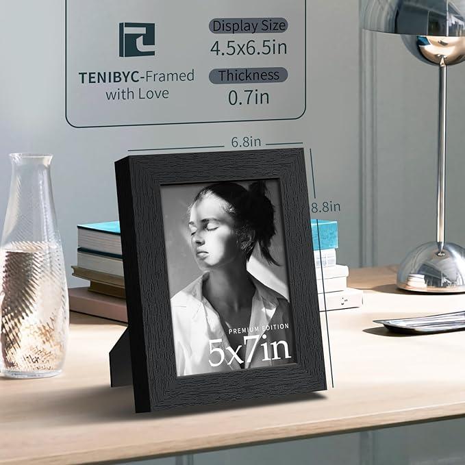 5x7 Picture Frame 3 Pack - Black Woodgrain, Solid Wood & HD Tempered Glass, Table Display or Wall Hanging