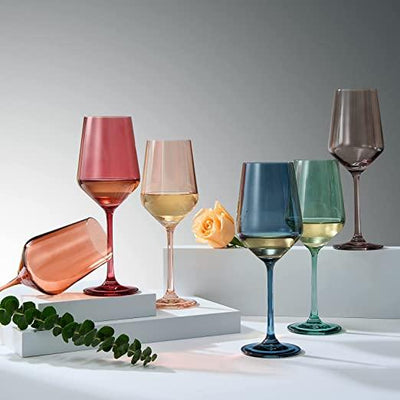 Colored Crystal Wine Glass Set of 6, Gift For Him, Her, Wife, Friend - Large 12 oz Glasses, Unique Italian Style Tall Drinkware - Red & White, Dinner, Color Beautiful Glassware - (Pastel)