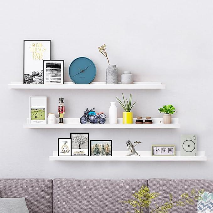AZSKY 36 Inch Floating Shelves with Ledge White Natural Wood Picture Ledge Shelf 3 Pack Floating Shelf Picture Frame Holder for Bedroom Bathroom Living Room Kitchen Same Sizes