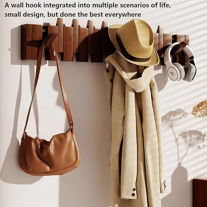 Wall Mounted Piano Key Hanger | Flip Style Hook | Entrance Wall Art Hook, Made of Oak Wood (3 Times Painted, 4 Times Polished) (Walnut, 10Hooks)