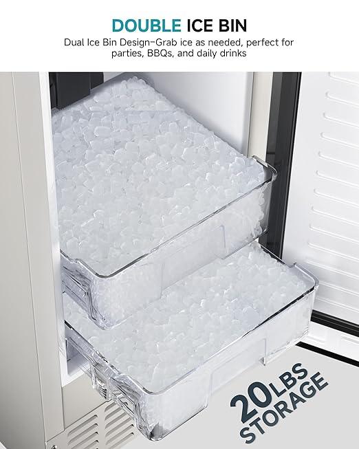 EUHOMY Commercial Under Counter Nugget Ice Maker Machine, 70Lbs/Day, Bulit-in Freestanding Ice Maker with Double Ice Baskets, Self-Cleaning & 24H Timer Ice Machine, for Commercial & Home Use(Silver)